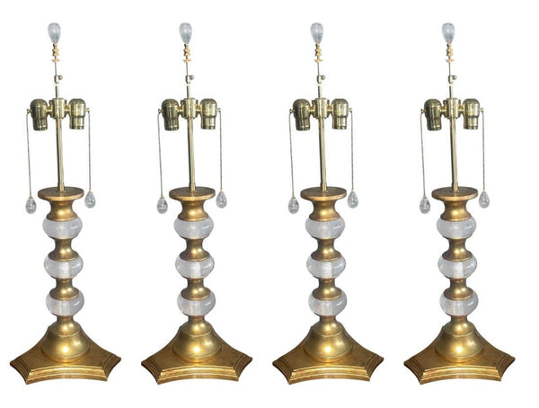 Set of Four Italian Rock Crystal & Giltwood Table Lamps 22-K Gold Leaf. 1980's.