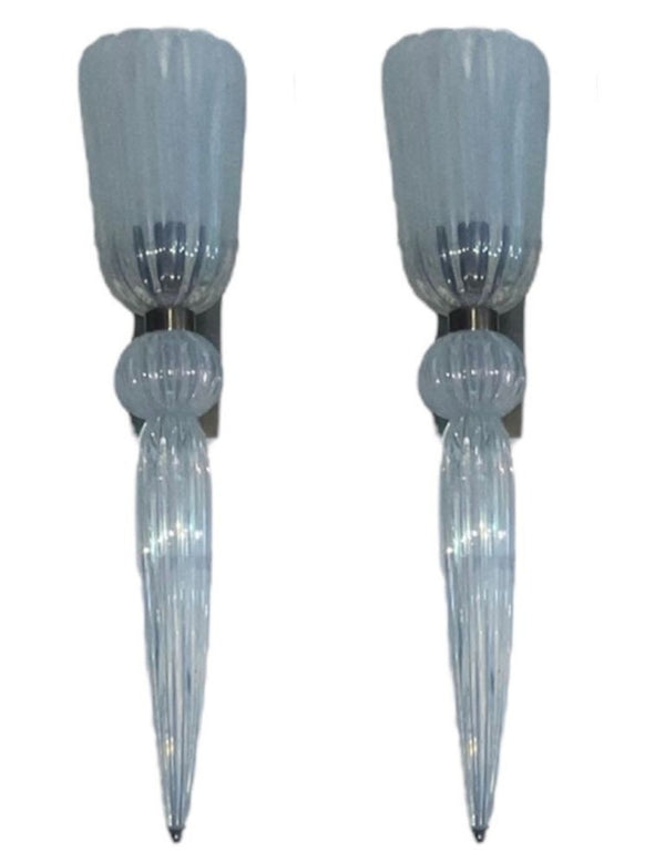 Pair of Modernist Celadon Opaline Murano Glass & Brass Sconces. 21st Century