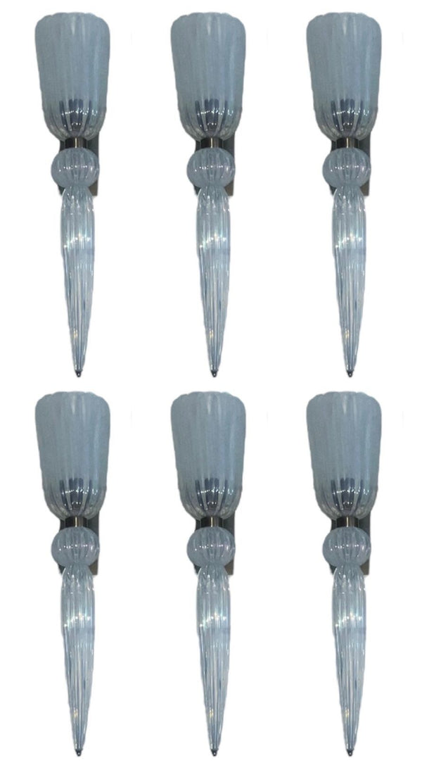 Set of Six Modernist Celadon Opaline Murano Glass & Brass Sconces – 21st Century