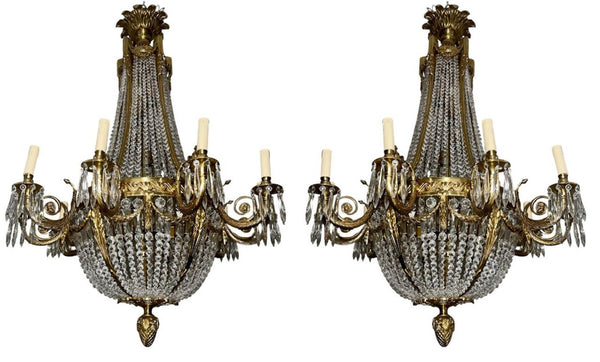 Pair of Early 20th Century French Bronze Chandeliers with Crystal.