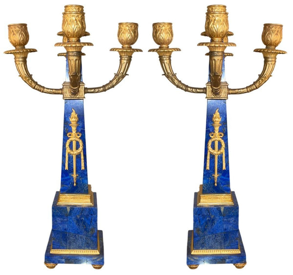 Pair of Early 20th-Century French Lapis Lazuli & Gilt Bronze Obelisk Candelabras