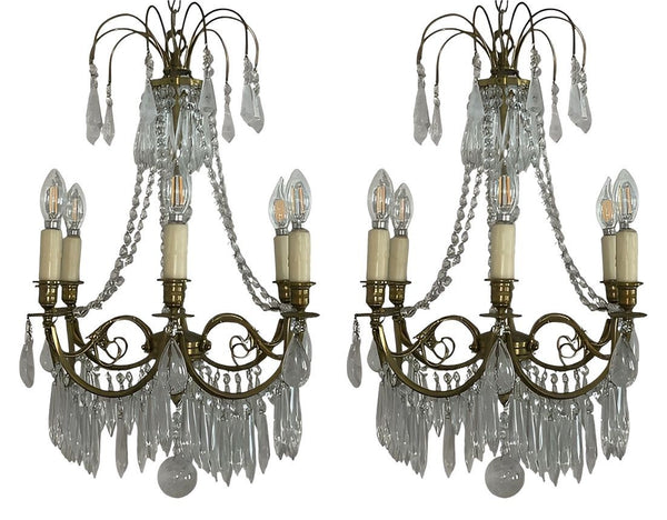Pair of French Brass Chandeliers with Rock Crystal & Glass. Early 20th century.