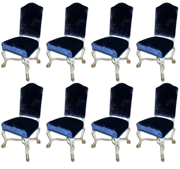 Set of Eight Italian Early 20th C. Gilded and Painted Chairs with Blue Velvet