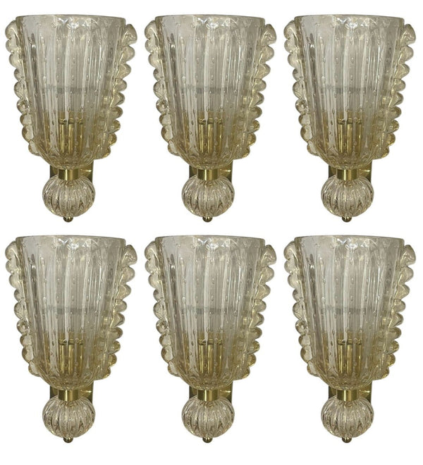 Set of Six Italian Modernist Murano Glass Sconces w/ Ruffled Detail & Gold Flecks