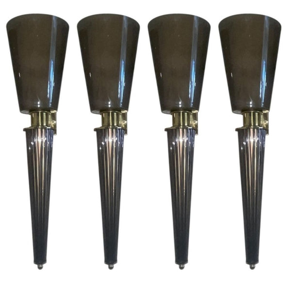 Set of Four Italian Smoky Gray Murano Glass Torchère Sconces – 1970's.