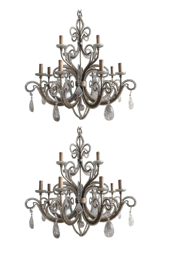 Pair of French Silver Leaf Wrought Iron Chandeliers w/ Rock Crystal–20th Century