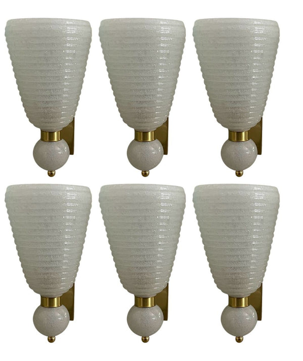 Set of Six Italian Modernist Murano Glass Sconces w/ White Gold Flecks – 21st C.