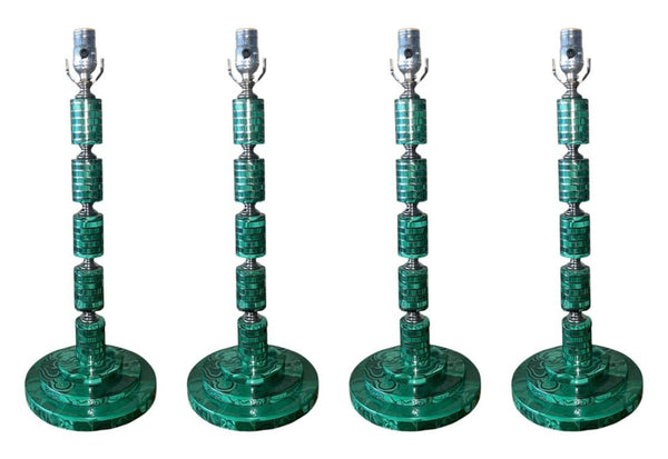 Set of Four Malachite Table Lamps with Nickel Details, Italy, 1970's.