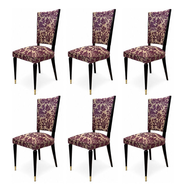 Set of Six Italian Mid-Century Dining Chairs with Floral Pattern Upholstery