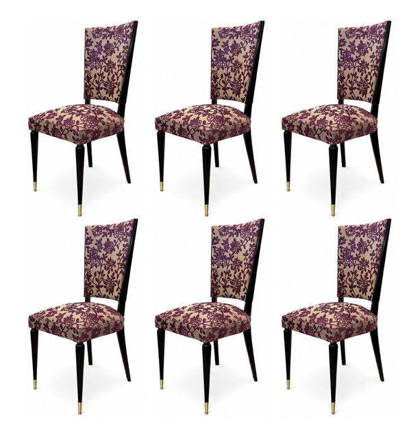 Set of Six Italian Mid-Century Dining Chairs with Floral Pattern Upholstery
