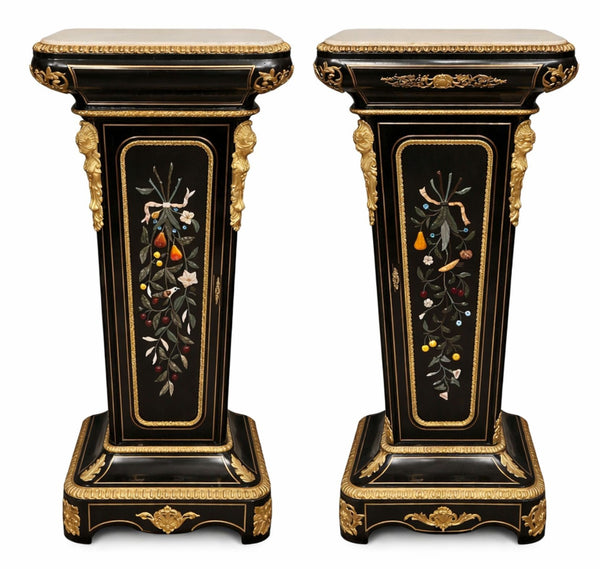 Similar Pair 19th C. Napoleon III Ebonized Pedestals with Hardstone & Bronze.