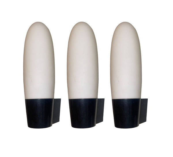 Set of 3 Wagenfeld Style Milky Glass Sconces with Black Base. Germany, 1950's.