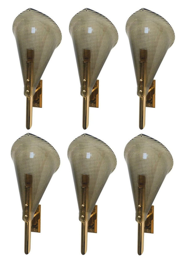 Set of Six Cobra Sconces with Smoky Textured Murano Glass. Italy, 1970's.