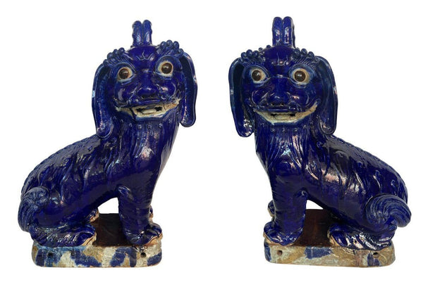 19thC. Oversized Chinese Cobalt Blue Glazed Earthenware Models of Mythical Beast