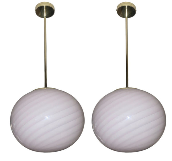 Pair of Pink Murano Glass Globe Chandeliers with Swirl Design. Italy, 1970's.