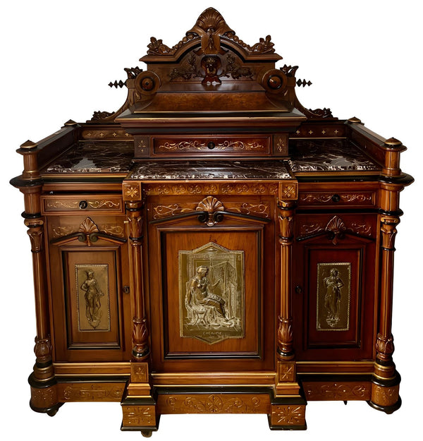 Late 19th C. French Renaissance Revival Cabinet w/ Relief Panels & Marble Tops.