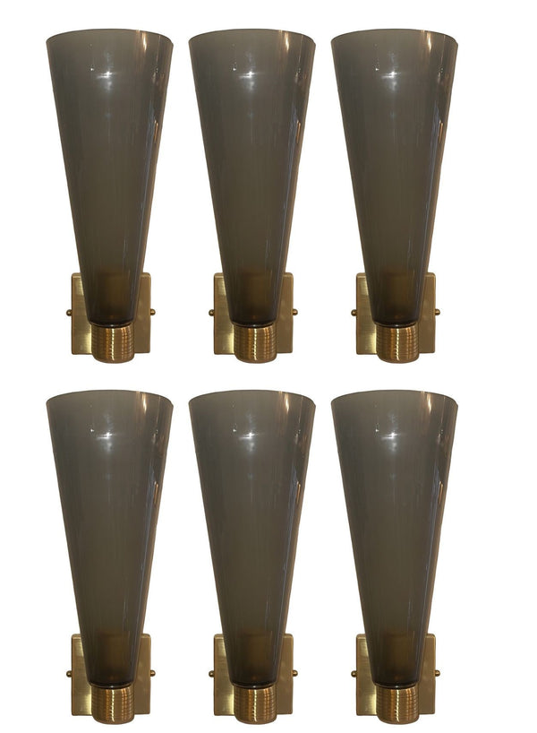 Set of Six Gray Murano Glass Impero Sconces, Italy, 1980's.