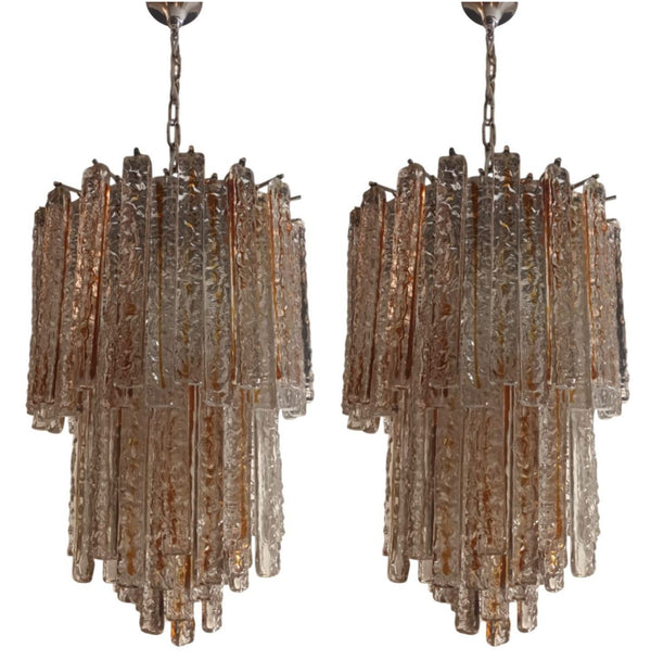 Pair of Amber/Clear Murano Glass Planks Chandeliers by Mazzega. Italy, 1960's.