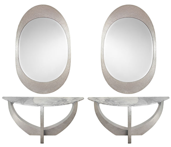 Pair of American Contemporary Hammered Metal Consoles with Mirrors & Marble Tops