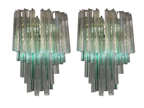 Pair Italian Venini Murano Crystal Tri Glass Prism Wall Sconces w/ Green Detail