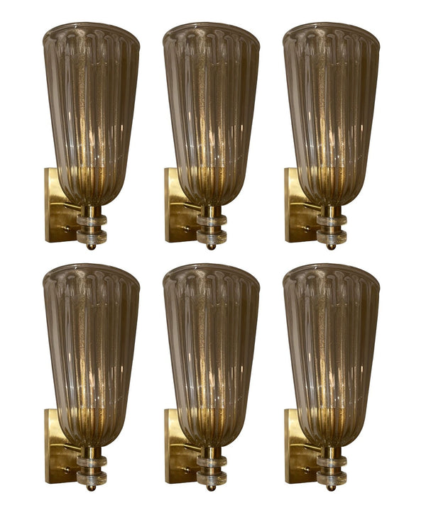 Set of Six Clear Murano Glass Fazzoleto Sconces with Gold Flecks. Italy, 1980's.