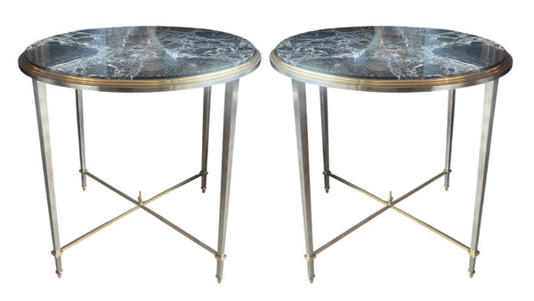 Pair of Mid-Century Maison Jansen Round Side Tables with Marble Tops. France.