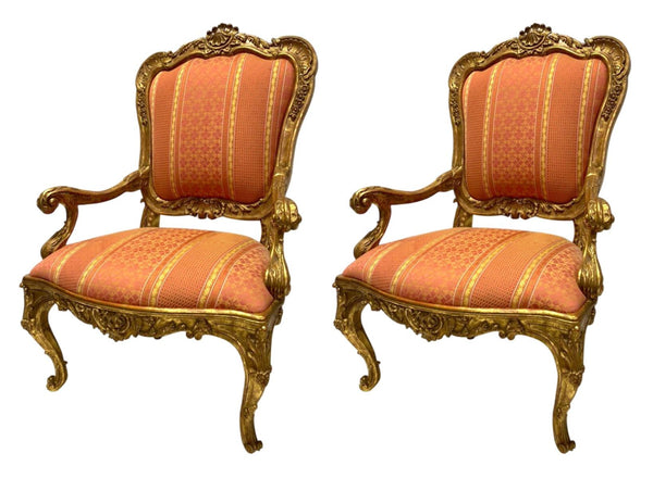 Pair of 20th Century Italian Hand-Carved Water Gilt Armchairs