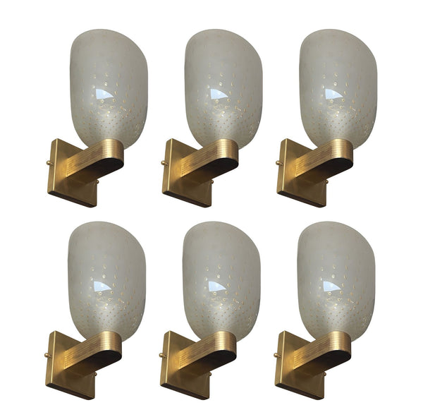 Set of Six Italian Campana Glass Sconces with Gold Circle Detail. 1980's.
