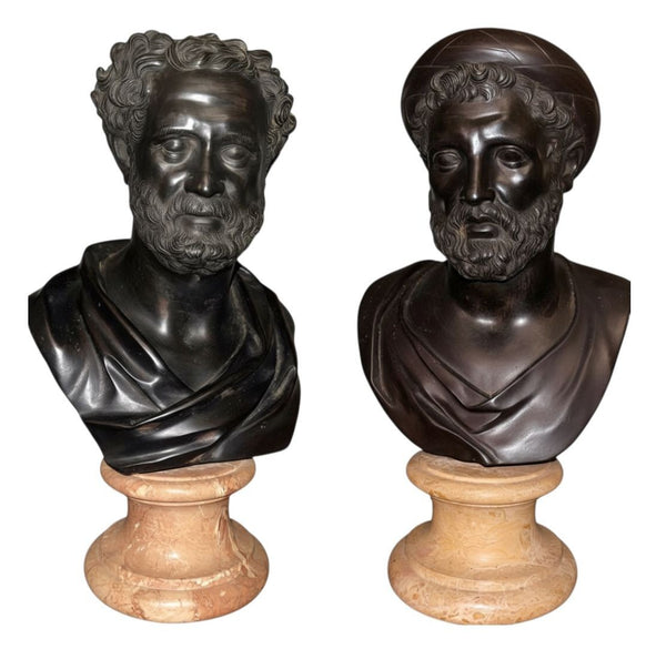 Late 19th C. Italian Bronze Busts of Heraclitus & Archytas on Marble Pedestals