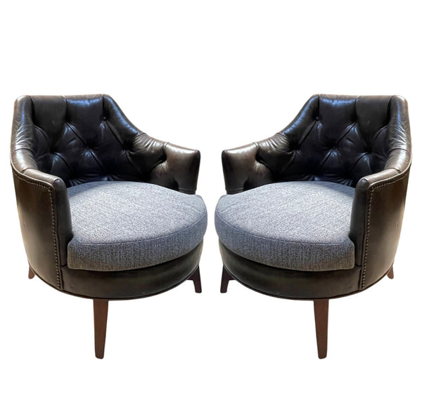 Pair of Mid-Century American Club Chairs with Tufted Leather and Fabric. 1950's