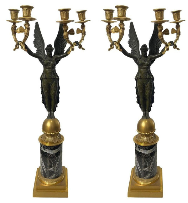 Pair 19th C French Empire Parcel Gilt Bronze Candelabra w/ Winged Maiden Figures