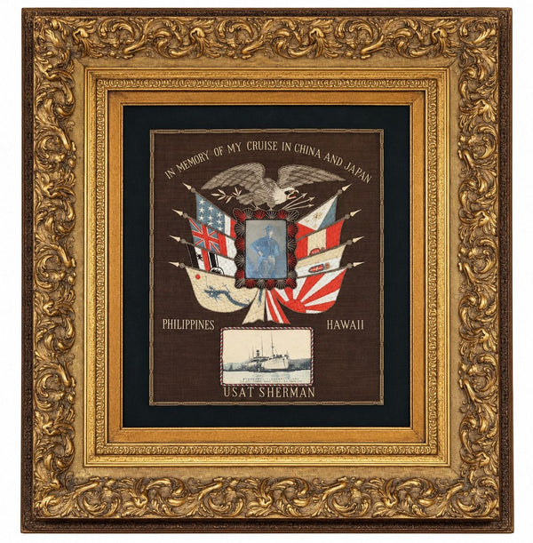 Early 20th C. Embroidered U.S.A.T. Sherman Naval Souvenir, China & Japan Cruise