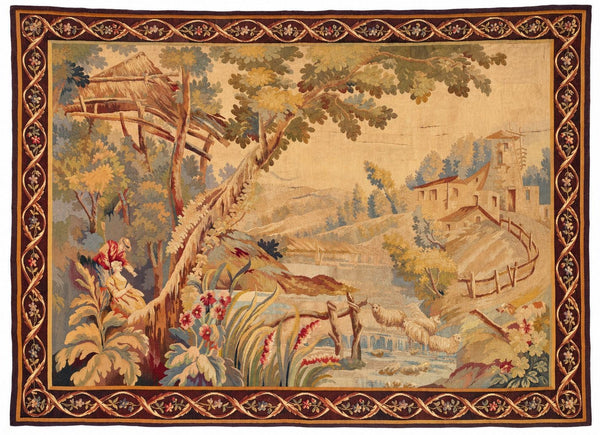 19th Century French Wool Aubusson-Style Pastoral Landscape Tapestry