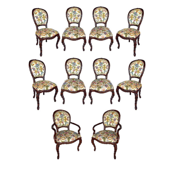 Set of Ten Hand-Carved Leaf Pattern Chairs with Floral Crewelwork. U.S.A. 1960's