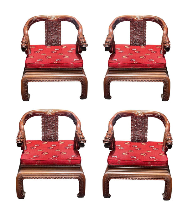 Set of Four Chinese Carved Wood Armchairs