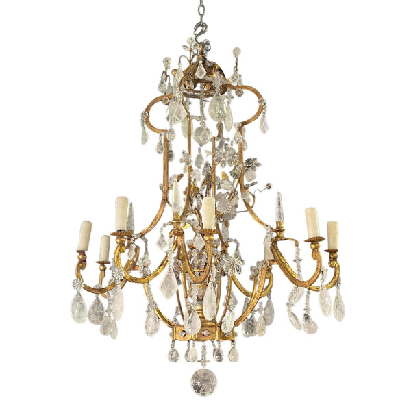 Vintage Italian Rock Crystal & Gilt Metal Chandelier