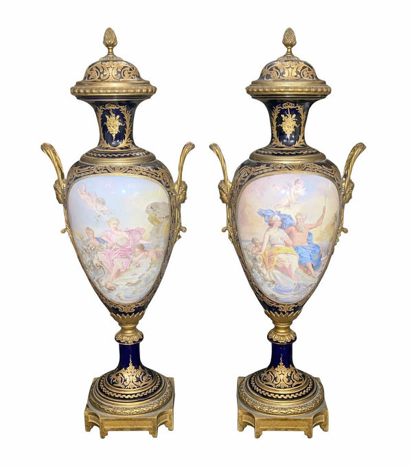 Pair of 19th Century French Sèvres Porcelain Urns with Ormolu Mounts