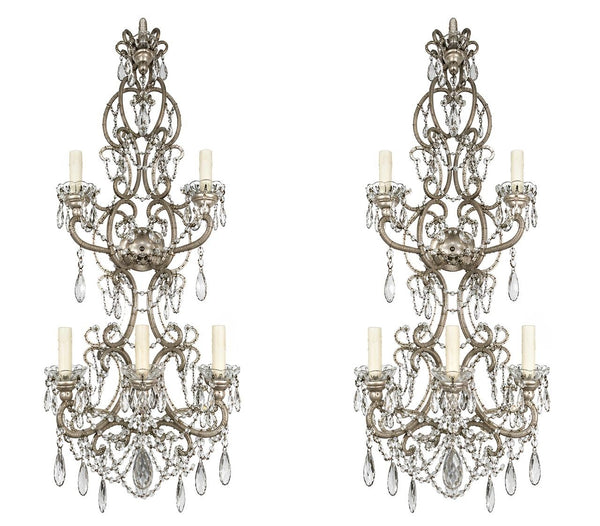 Pair Italian Crystal Beaded Wall Sconces, Mid-20th Century