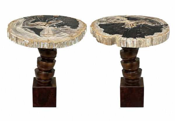 Pair Modern Petrified Wood Side Tables w/ Sculptural Metal Bases. Late 20th C.