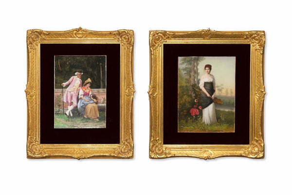 19th Century Pair Italian Porcelain Plaques on Gilt Frames with Red Velvet Mats