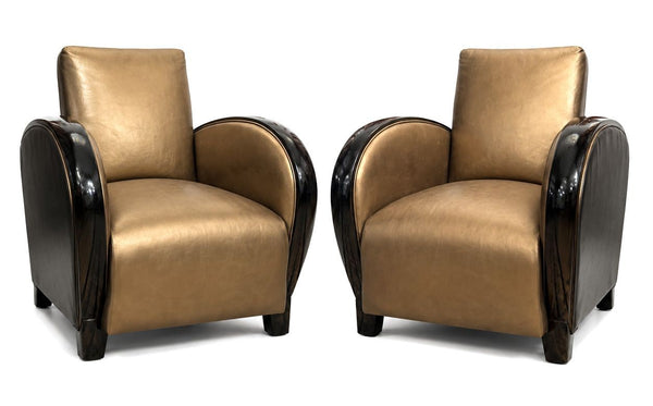 Pair of French Art Deco Gold and Black Leather Club Chairs