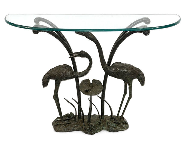 LaBarge Bronze Crane & Lily Pad Glass Top Console Table. U.S.A Late 20th Century