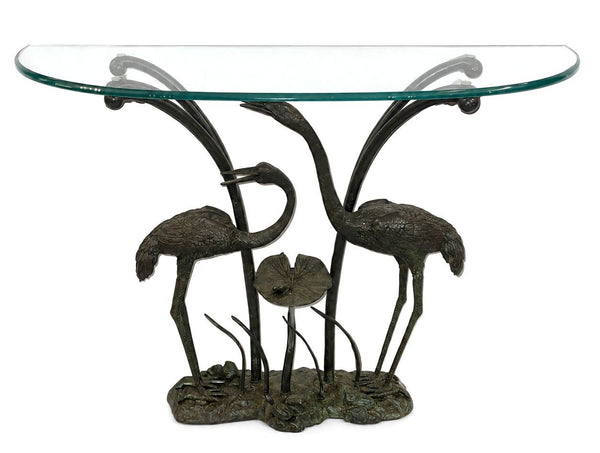 LaBarge Bronze Crane & Lily Pad Glass Top Console Table. U.S.A Late 20th Century