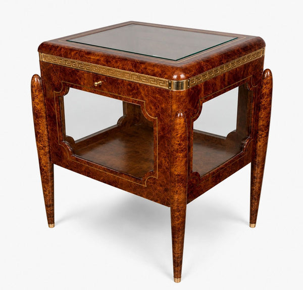 Versace Style Burl & Brass Greek Key Display Curio Vitrine. Italy, 20th Century.