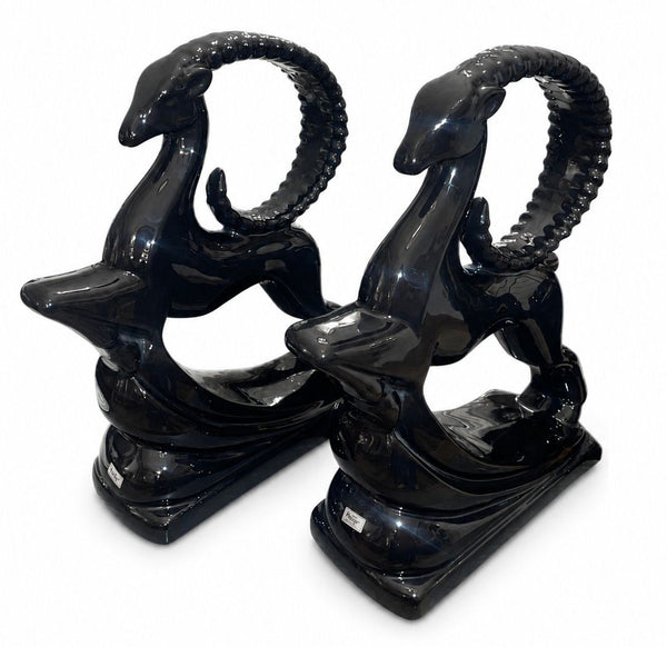 Pair of Royal Haeger Glossy Black Gazelle Sculptures. U.S.A. Late 20th Century.