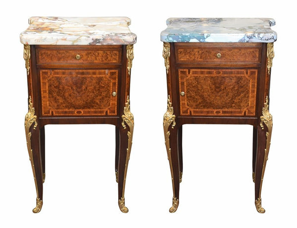 Pair French Bronze-Mounted Marble-Top Nightstands Louis XV Style, Late 19th C.
