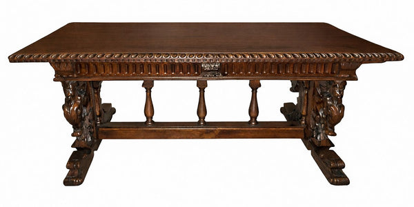 Renaissance Revival Carved Walnut Trestle Continental Table. Italy, Late 19th C.