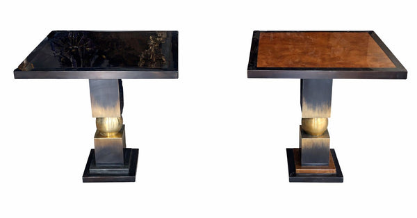 Pair of Italian Modern Two-Tone Parchment, Resin & Metal Side Tables. 1980's.