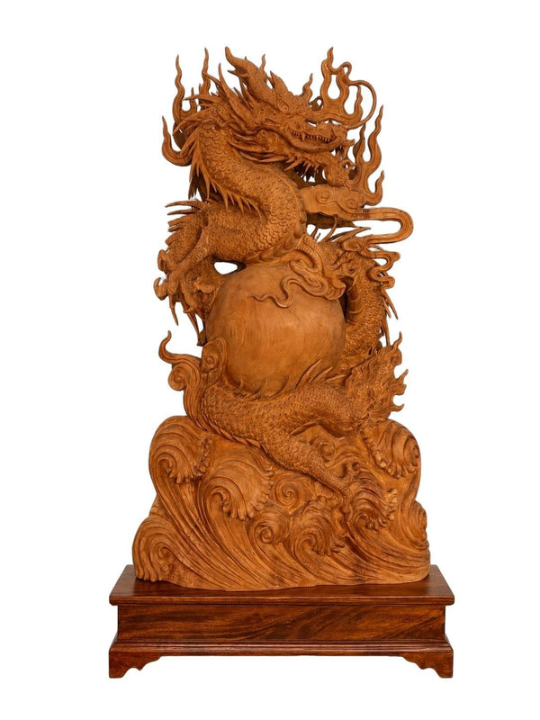 Large 20th Century Vietnamese Nhất Long Vờn Ngọc Dragon Pearl Wood Sculpture