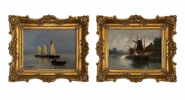 Set of Two 19th Century Antique Marine Oil Paintings in Gilt Frames